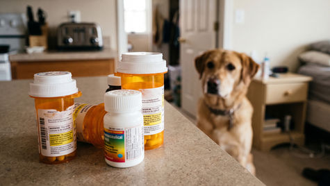A dog looks at a counter that has human medication bottles on it.