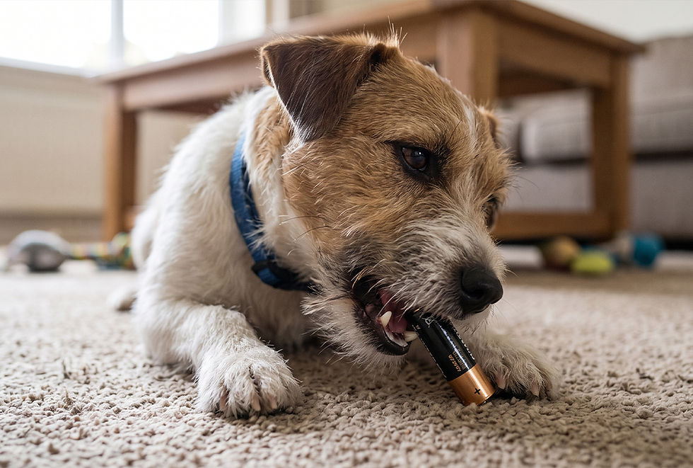 A small dog chews on a battery.