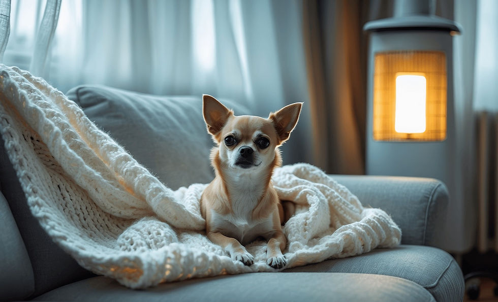 A tan and white dog lays on a white blanket on a sofa in front of a space heater.
