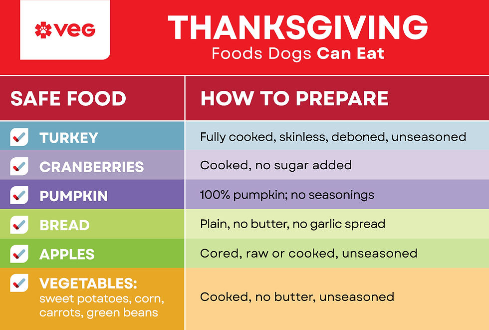 A chart from VEG ER for Pets on which foods dogs can eat on Thanksgiving.