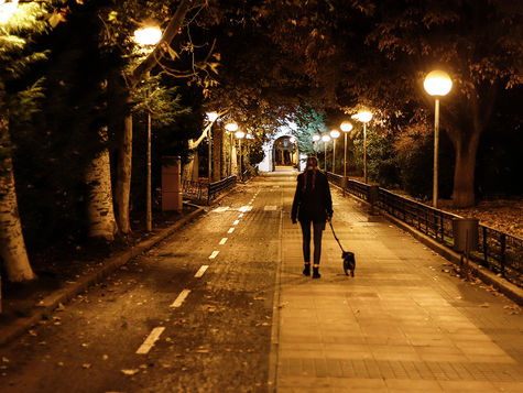 A view of a woman walking a small dog at night.