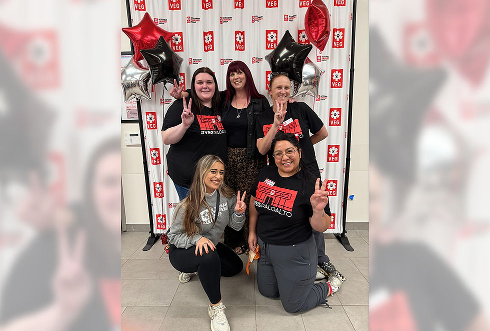 Group of five smiling employees at VEG with red, silver and black star shaped balloons