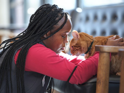 A woman holds her orange tabby cat and looks directly in the cat's face with a sad expression.