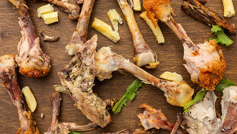 An array of turkey bones and vegetables. 