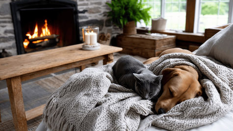 A brown dog and gray cat sit on a gray blanket on a couch in front of a fireplace.