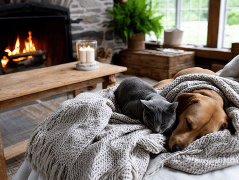 A dog and cat cuddle on a blanket on a couch in front of a fireplace.