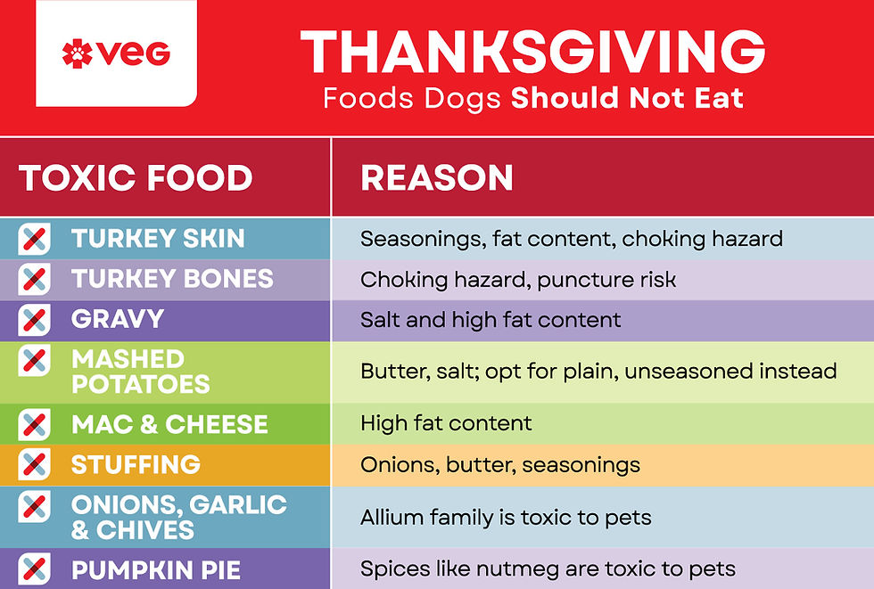 A chart from VEG ER for Pets on which foods dogs shouldn't eat on Thanksgiving.