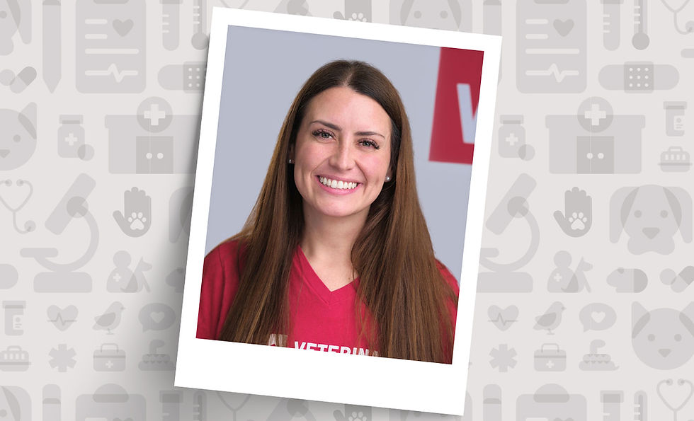 VEG employee with dark hair and red shirt smiles at the camera against a gray animal print background.