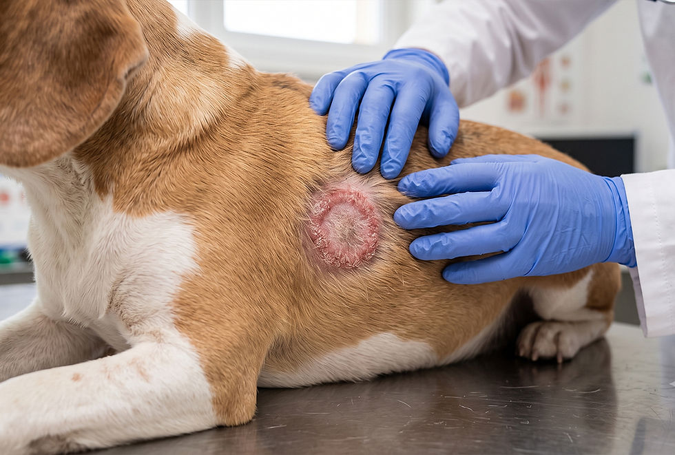 A vet examines a dog with ringworm.