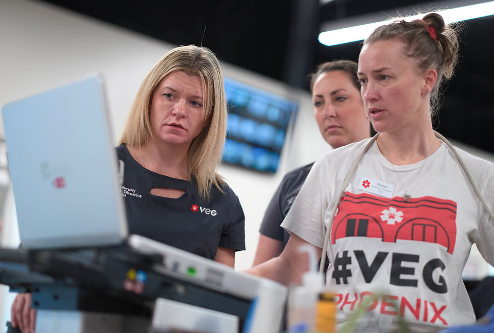 A veterinary team look concerned as they study resuls on a laptop in their vet hospital