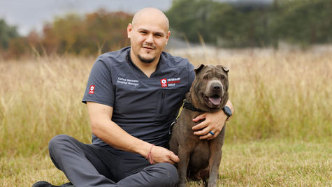 A vet staff member in scrubs sits near a green field with his arm around a sitting brown dog. 