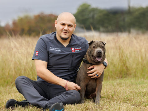 A vet staff member in scrubs sits near a green field with his arm around a sitting brown dog. 