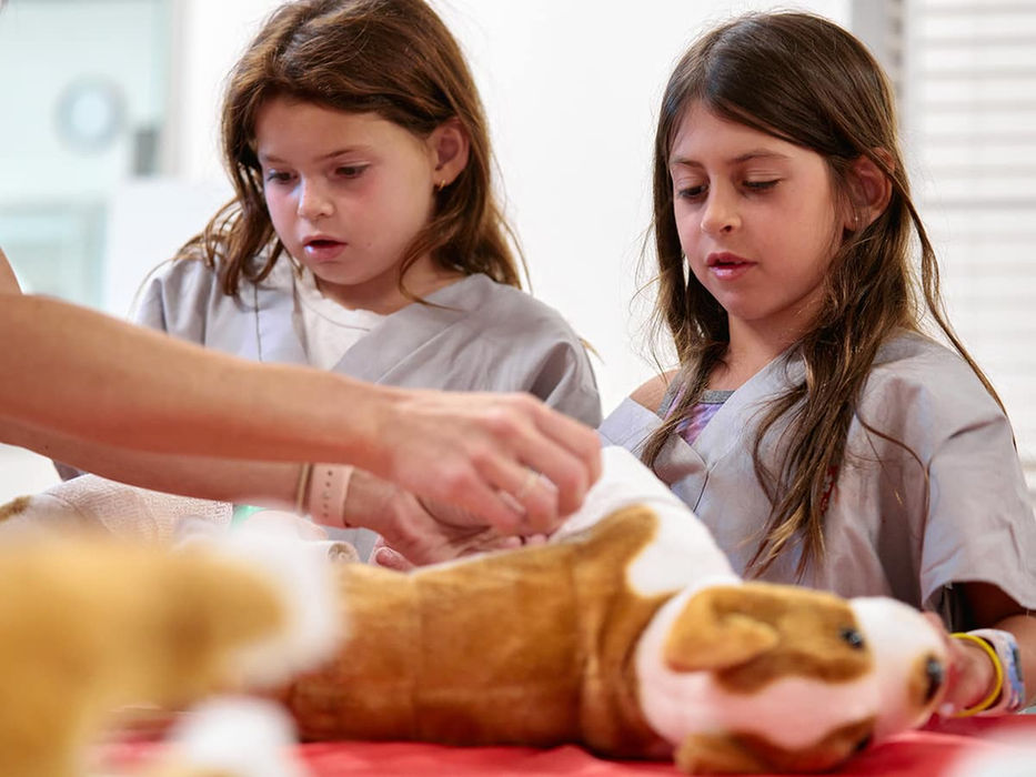 Two little vet participants working together to bandage a dog stuffed animal