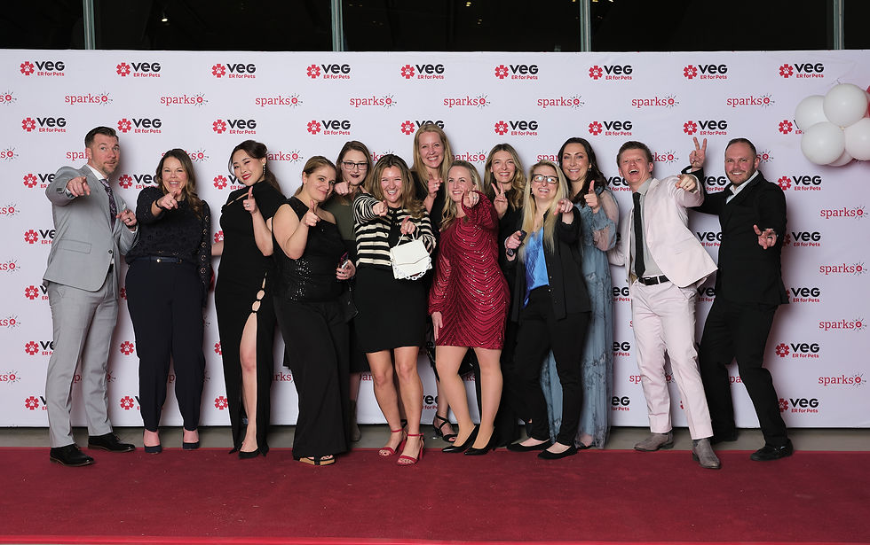 Group of smiling people posing on a red carpet, pointing at the camera. Background has "VEG ER for Pets" logos and white balloons.